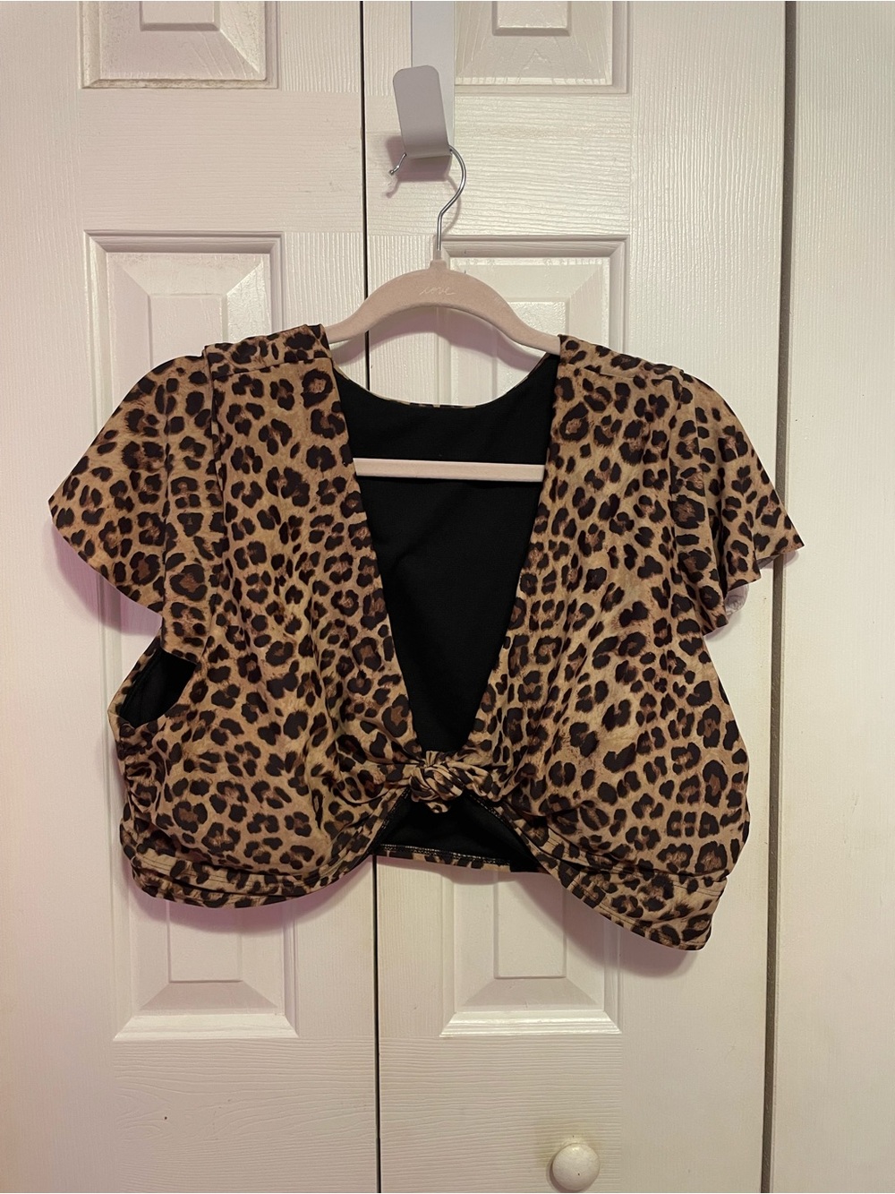 Leopard Print Tie-Front Crop Top Swim Top